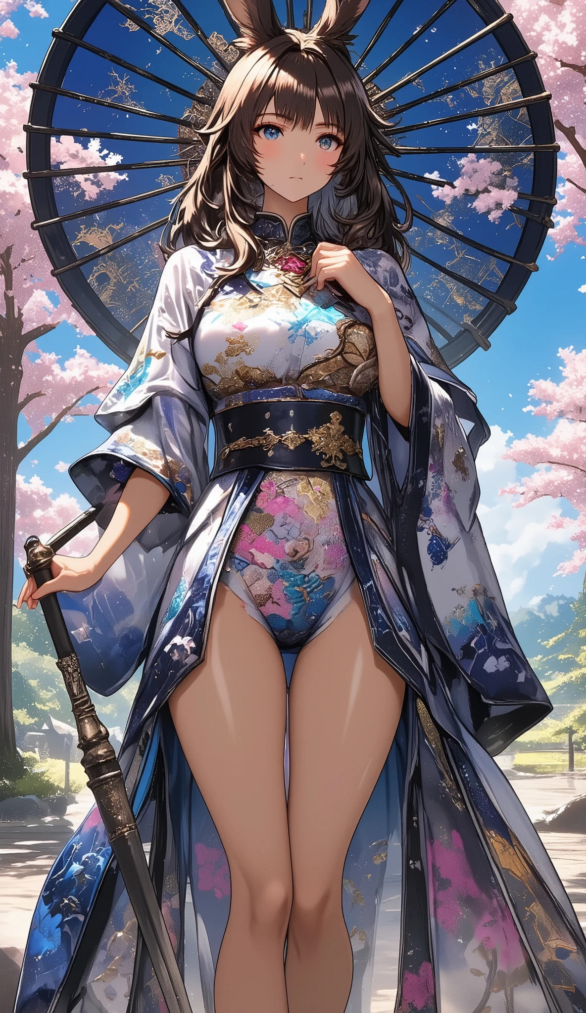 , a solo sexy Viera Woman holding a Japanese umbrella , Nishijin Textile Kimono , Japanese painting style, beautiful anime style portrait, Extra , detailed portraits of anime girls , Beautiful Anime Portrait , beautiful anime women , digital Animation illustration, Anime Style Portrait , Additional Art ,realistic, (Beautiful Anime Girl Showing Naked Skin, large breasts, huge breasts, big breasts, uplifted breasts, well-defined breasts, Busty、deep cleavage, nipples)、anime style digital art , Animation illustration, , Navy Blue Kimono , Background is Sakura Fubuki