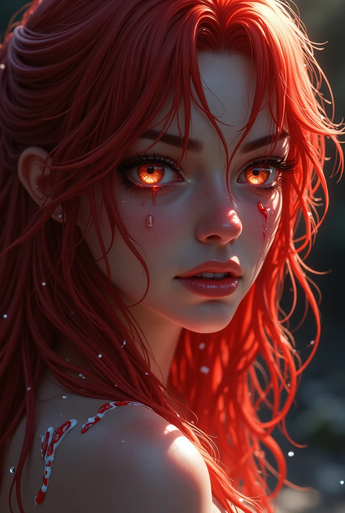 woman with one red eye and one blue eye, crying, next to the sunset, With red hair, with a withered flower