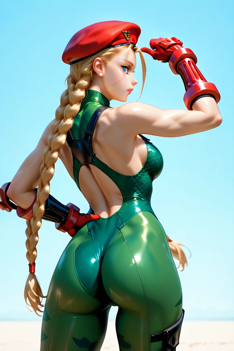 score_9, score_8_up, score_7_up, BREAK, score_9,cammySDXL, 1girl, solo, long hair, breasts, looking at viewer, blue eyes, blonde hair, gloves, hat, standing pose, two braids, twin braids, fingerless gloves, leotard, lips, muscular, beret, highleg, scar, red headwear, scar on face, highleg leotard, red gloves, camouflage, harness, thong leotard, green leotard, chest harness, cowboy shot, ass, from behind,