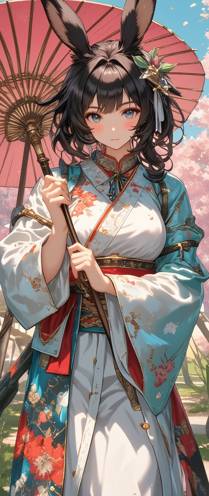 a solo sexy Viera Woman holding a Japanese umbrella , Nishijin Textile Kimono , Japanese painting style, beautiful anime style portrait, Extra , detailed portraits of anime girls , Beautiful Anime Portrait , beautiful anime women , digital Animation illustration, Anime Style Portrait , Additional Art ,realistic, (Beautiful Anime Girl Showing Naked Skin, large breasts, huge breasts, big breasts, uplifted breasts, well-defined breasts, Busty、deep cleavage)、anime style digital art , Animation illustration, , Navy Blue Kimono , Background is Sakura Fubuki