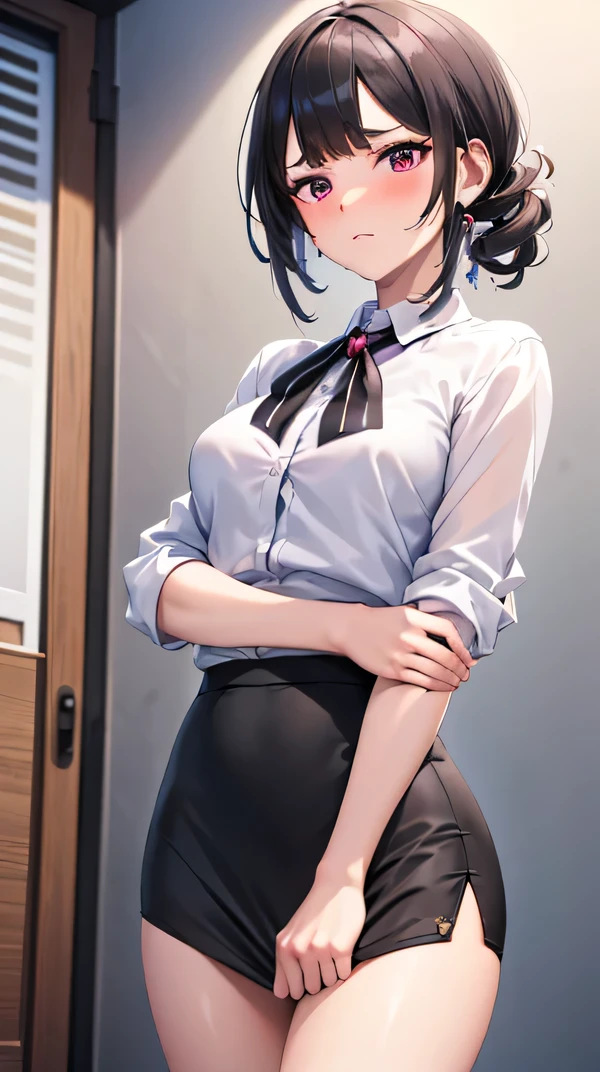 (masterpiece:1.2), (the best quality), (ultra detailed), (8K, 4k, intricate), (takes her upper body above her skirt:1), (highly detailed:1.2), (detailed face:1.2), (detailed background),( beautiful office ), cuerpo perfecto delgado small breasts muslos delgados cintura perfecta delgada, detailed office, ((portrait)), to throw, Zinnia , with a submissive expression , white button-down secretary shirt, sleeve t-shirt,Very short tight secretary's thigh-length pencil skirt in black, black lace panties, small breasts , flirty look straight at the viewer (Lower down with your hand your very short skirt )(Blushed grieved face)(Spy exdomadragones)