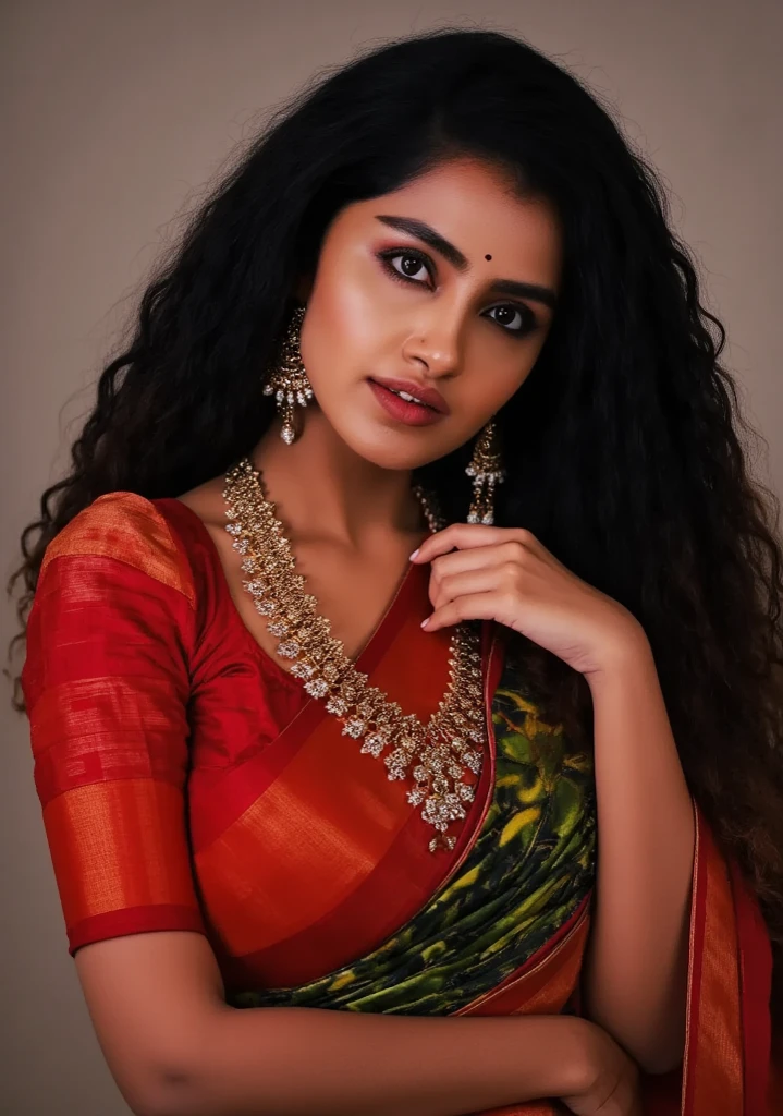Beautiful painting of a woman in a sari with a necklace and earrings, looks like Sandeepa Dhar, inspired by Raja Ravi Varma, szukalski ravi varma, portrait of a beautiful goddess, by Raja Ravi Varma, indian goddess, traditional beauty, a stunning portrait of a goddess, inspired by T. K. Padmini, indian art, indian goddess of wealth, portrait of a goddess