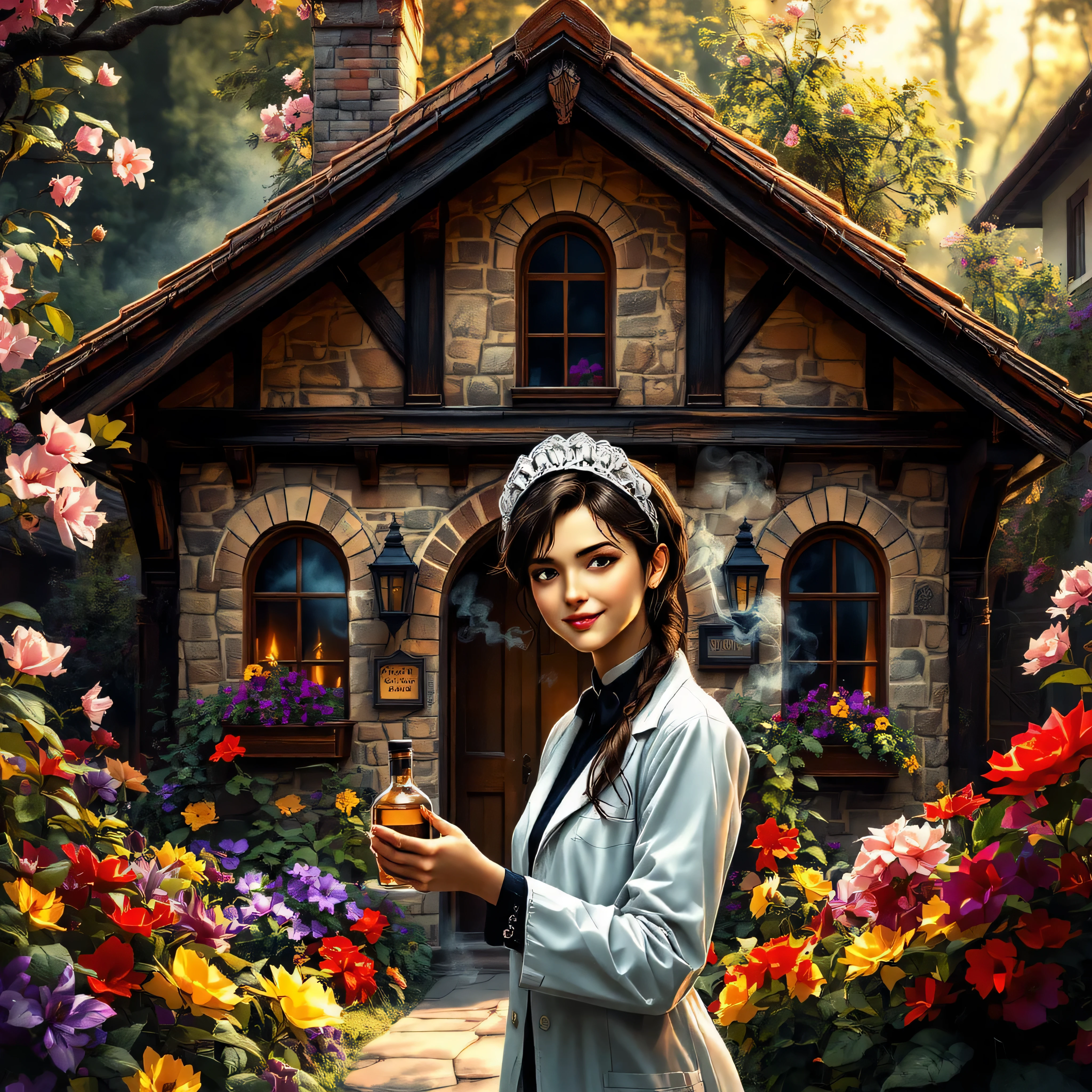 a digital painting of a charming cottage-style house.
Details:
Architecture:
The house has a European feel with its stone exterior, Tudor-style wooden beams, and arched windows.
Colors:
The color palette is warm and inviting, with the stone exterior, brown wood trim, and pops of color from the flowers and greenery.
Landscaping:
The house is surrounded by lush gardens with a variety of colorful flowers, including pink cherry blossoms, purple clematis, and yellow and red flower
The breast size is smallest and flat like a boy.
She wears a researcher's white coat.
She holds a bottle of smoke in her hands.
She has a maid headband on her head.
She has a defiant smile.