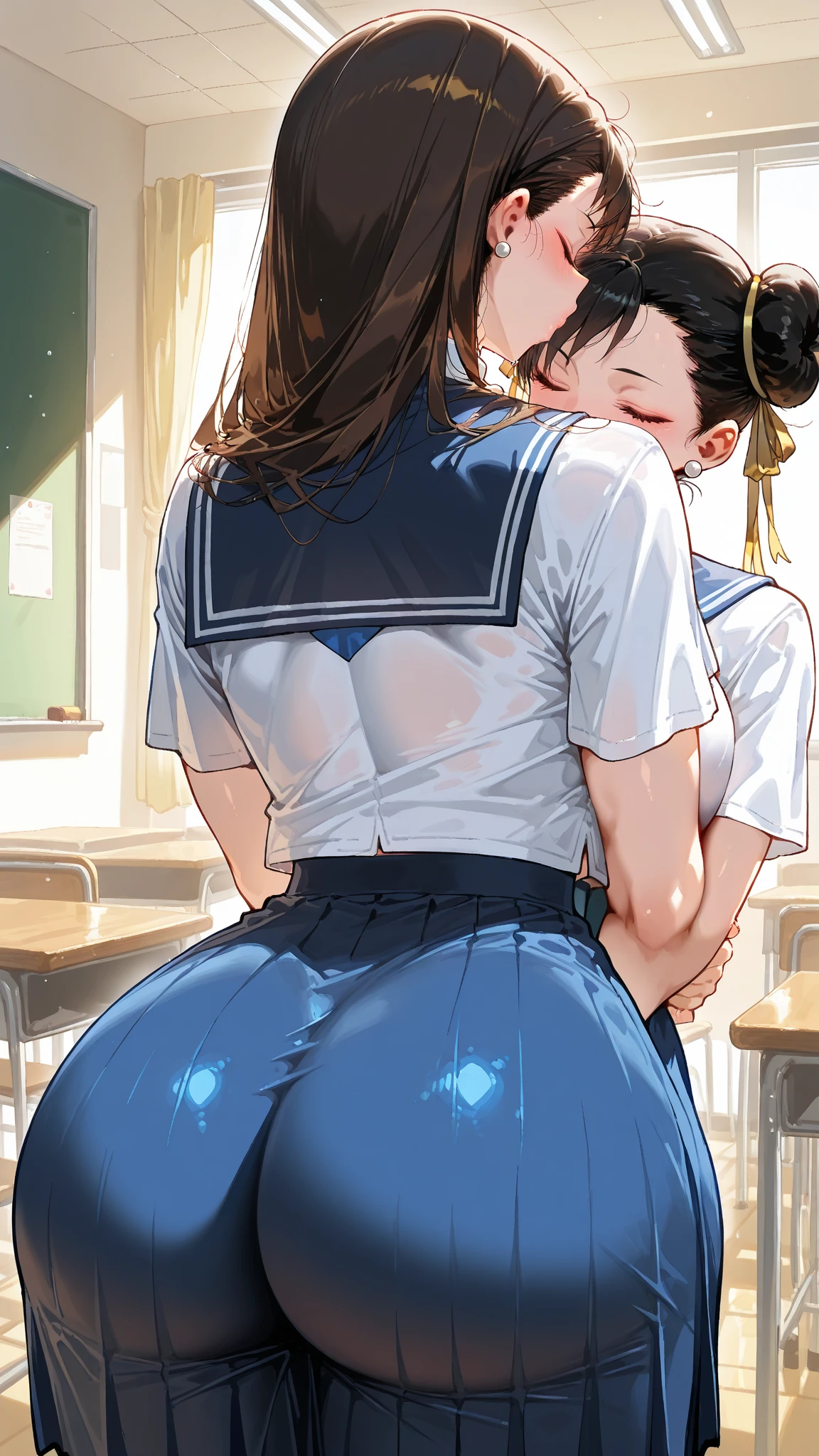 NSFW:1.9 Side view composition Ponytail:1.9 Classroom Nudity:1.9. Sex from behind:1.9 On all fours:1.9 tall women:1.9 Penis inserted into pussy:1.9. A tall, well-built adult woman leaning on a desk. View from below. White summer sailor uniform. Navy blue skirt. Short black hair. Ponytail.:1.9 Long hair Straight hair Hair tie Swept bangs to the side:1.9. Slanted eyes, brown eyes, tall, strong-willed, beautiful, large breasts, white underwear