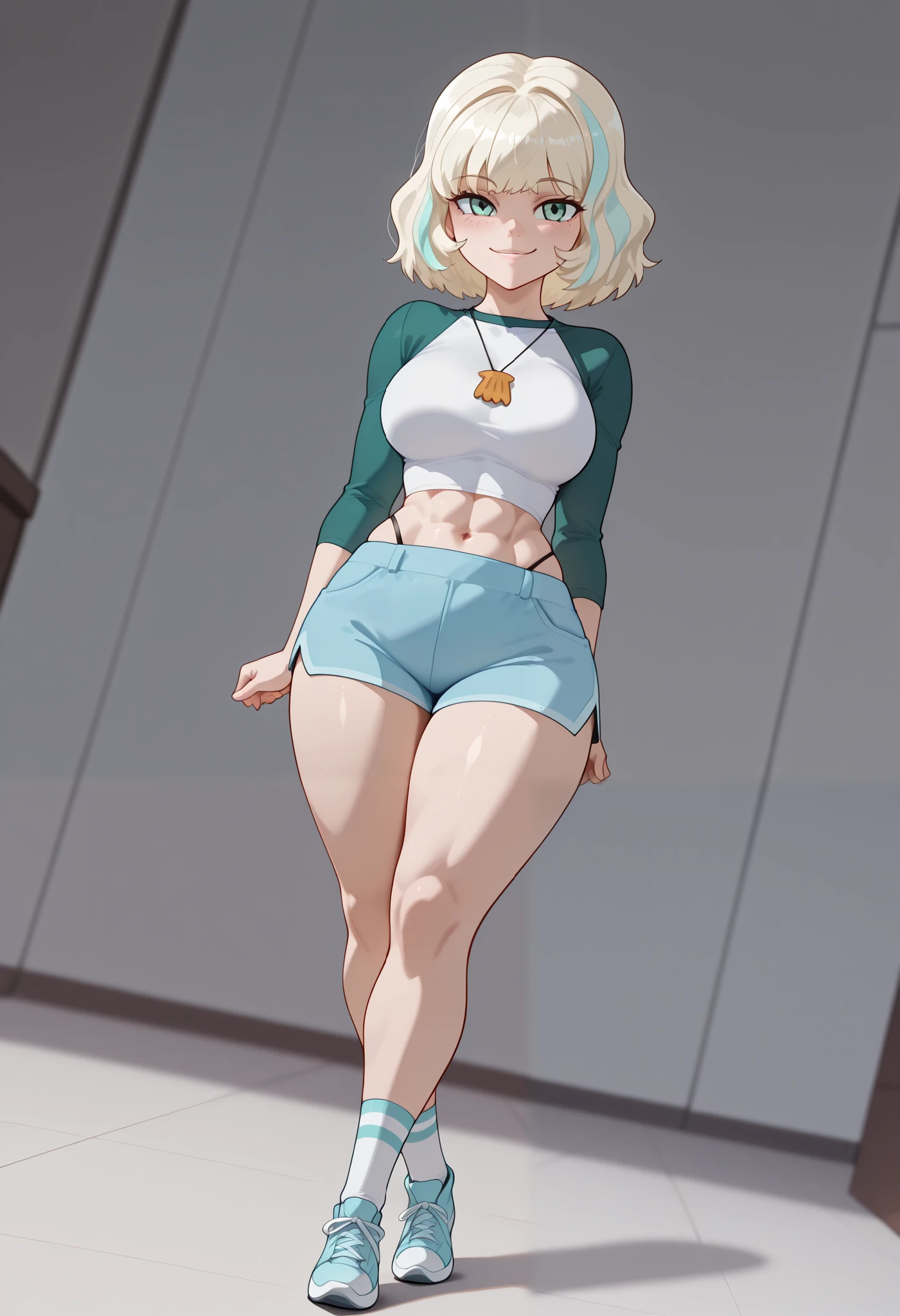 (((Best Quality, 8K, Masterpiece: 1.3)), Full Body, Focus Clear: 1.2, Outstanding Beauty: 1.4, Slender Abs: 1.2)), ((dynamic angle)), (((wide view:1.2))), wide-angle lens, extremely detailed, CG, 8k Amazing, finely detail)), (intricate details, depth of field), 8k UHD, ((amazing quality,very aesthetic,absurdres,best quality,newest, masterpiece, ultra detailed, best quality, beautiful face, perfect anatomy, anatomically correct, athletic sexy body)), Expressiveh, (cute face, cute body))), ((((jackiel, blonde hair, 1girl, green eyes, solo, multicolored hair, short hair, shirt, shell necklace, bangs, long sleeves, blue shorts, tight shorts, highleg thong, smile, socks,sneakers))),((large breasts, slim sexy body, curvy hips, seductive pose, flirting, naughty face, blush)))), (((looking at viewer, happy smile, joy, cowboy shot, dynamic pose)))), curvy, toned, athletic, ((sideview, wide hips, high angle view, crossed legs, looking at viewer)), (((((seductive pose, sexy pose, cowboy pose, hourglass figure)))), ((precise face and eyes:1)),