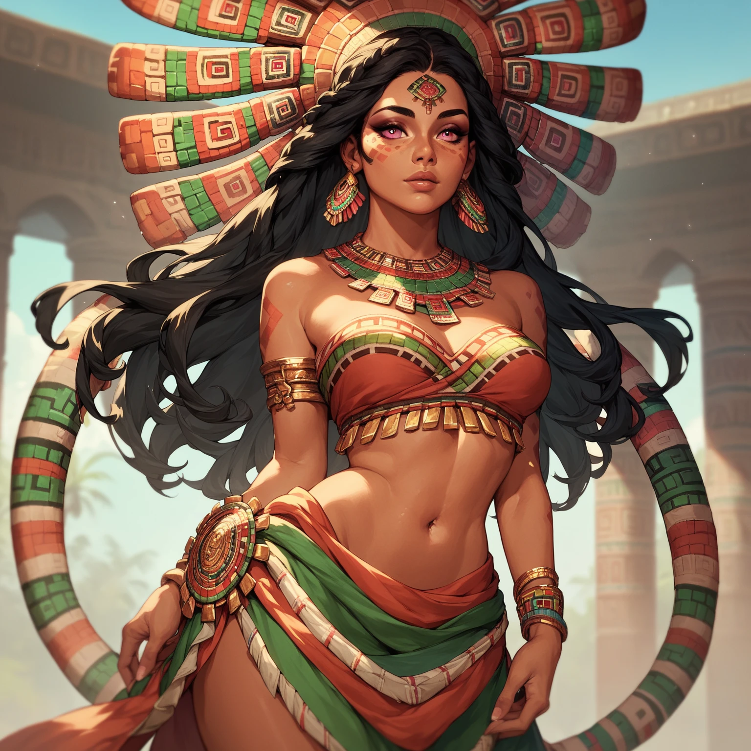 beautiful Aztec woman, dressed in a traditional Mexican dress with a mix of colors, extremely fitted, with a large neckline that reveals her voluminous breasts; the woman's suit shows off the woman's large nipples; very fitted dress that marks the woman's thong; masterpiece, fine details on the woman's face, sensual and seductive look, sensual and seductive pose; masterpiece, intrinsic details, erotic pose; cinematographic image, masterpiece, high definition, fine details in shapes and colors