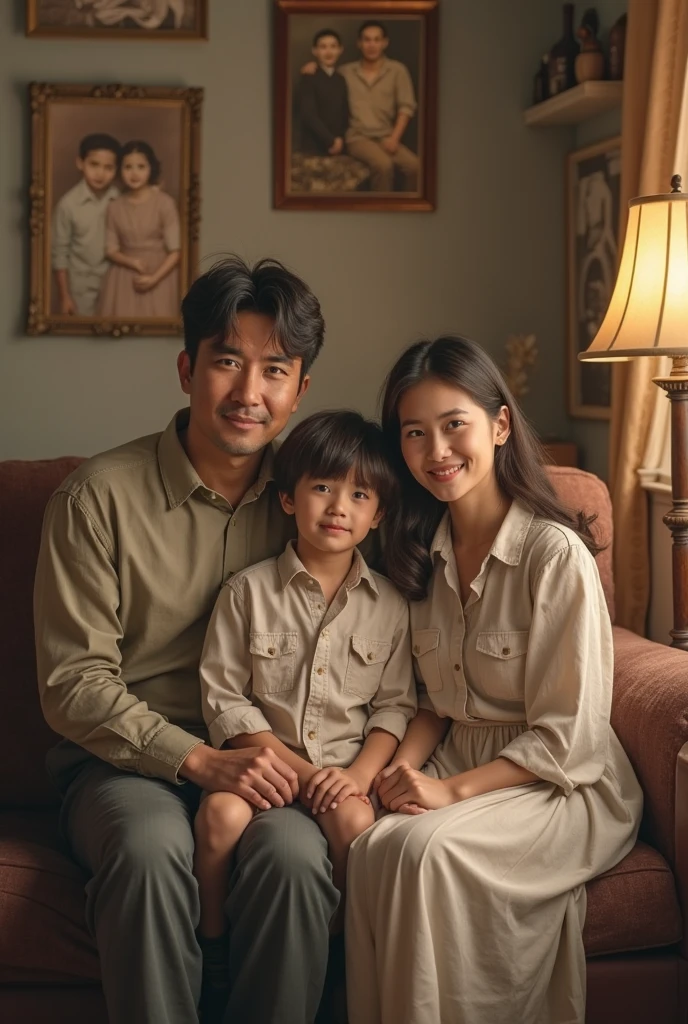 A photograph held by a hand shows a korean family of four standing together in an outdoor setting, likely on a rooftop or balcony. The family consists of a father, mother, and two children. The father, dressed in a dark shirt, is holding the younger child in his arms while the mother, wearing a light-colored blouse, stands beside him with her hand on the older child's shoulder. The older child, dressed in a striped shirt, stands in front of the mother, slightly leaning against her. The background features a dusty abandoned road desert like area. Sunny, hazy, dust, desaturated colors, low contrast, cinematic. The photograph itself is slightly worn, with visible creases and minor damage around the edges
