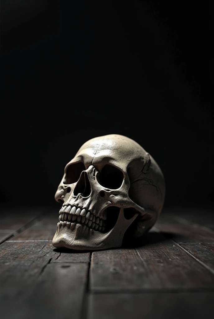Human skull on a dark background, slightly tilted, dim lighting emphasizing the contours and shadows