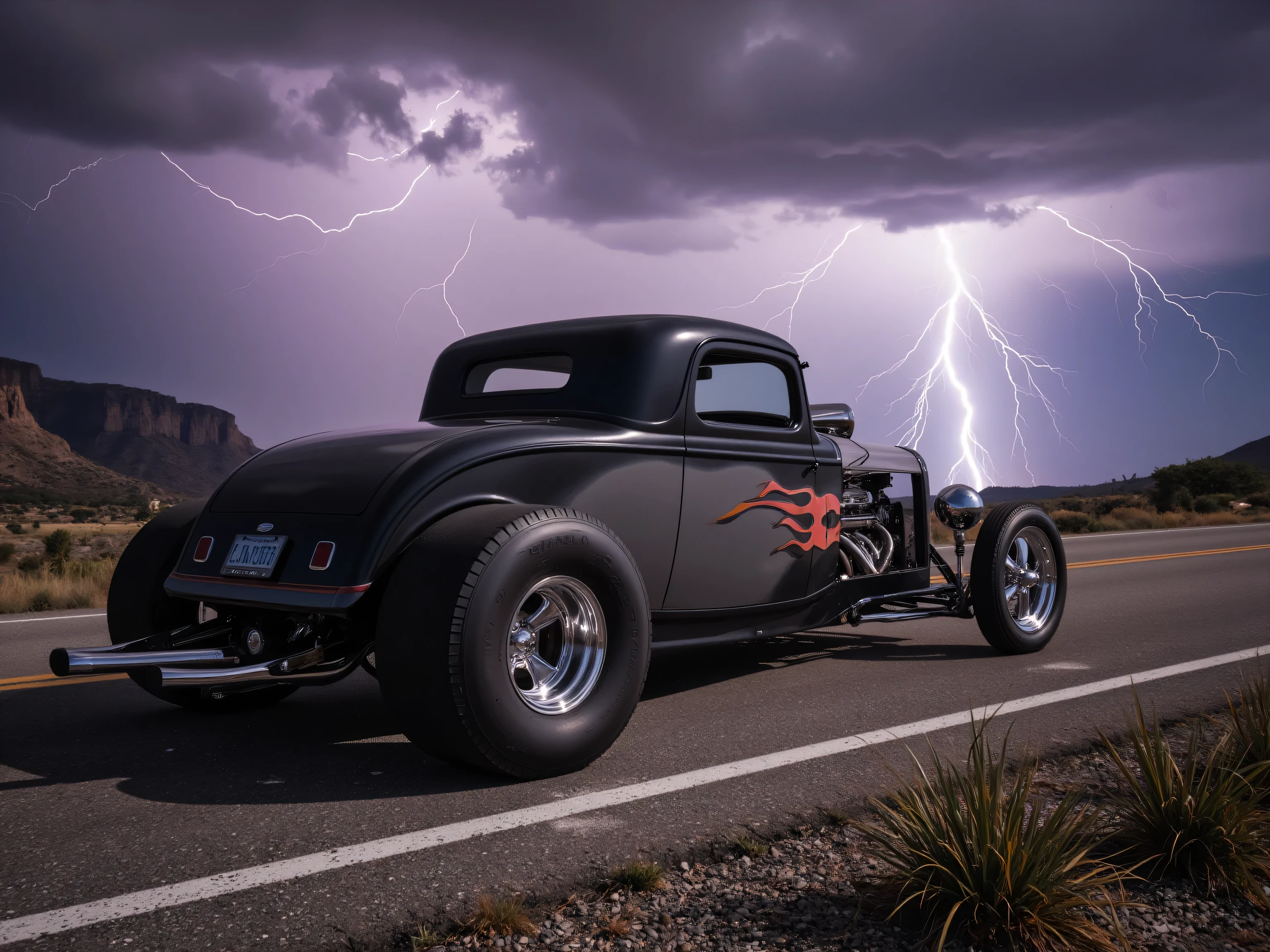 Create a photo-realistic, vintage, coupe 37, custom dragster vehicle. The dragster has monstrous oversized tires in the rear with chrome rims. The car has custom flames. The design has numerous chrome features. The body color is black with a gradient to gray. The background is a lightning storm with an explosive display of beautiful, thunderstorm-accented, colorful sky. The landscape contains mountain cliffs and a filled road.
