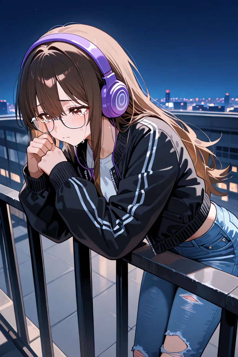 masterpiece,1girl,solo, <lora:TyrcaV3:1> ,((hoodie)),headphones, cityscape,
