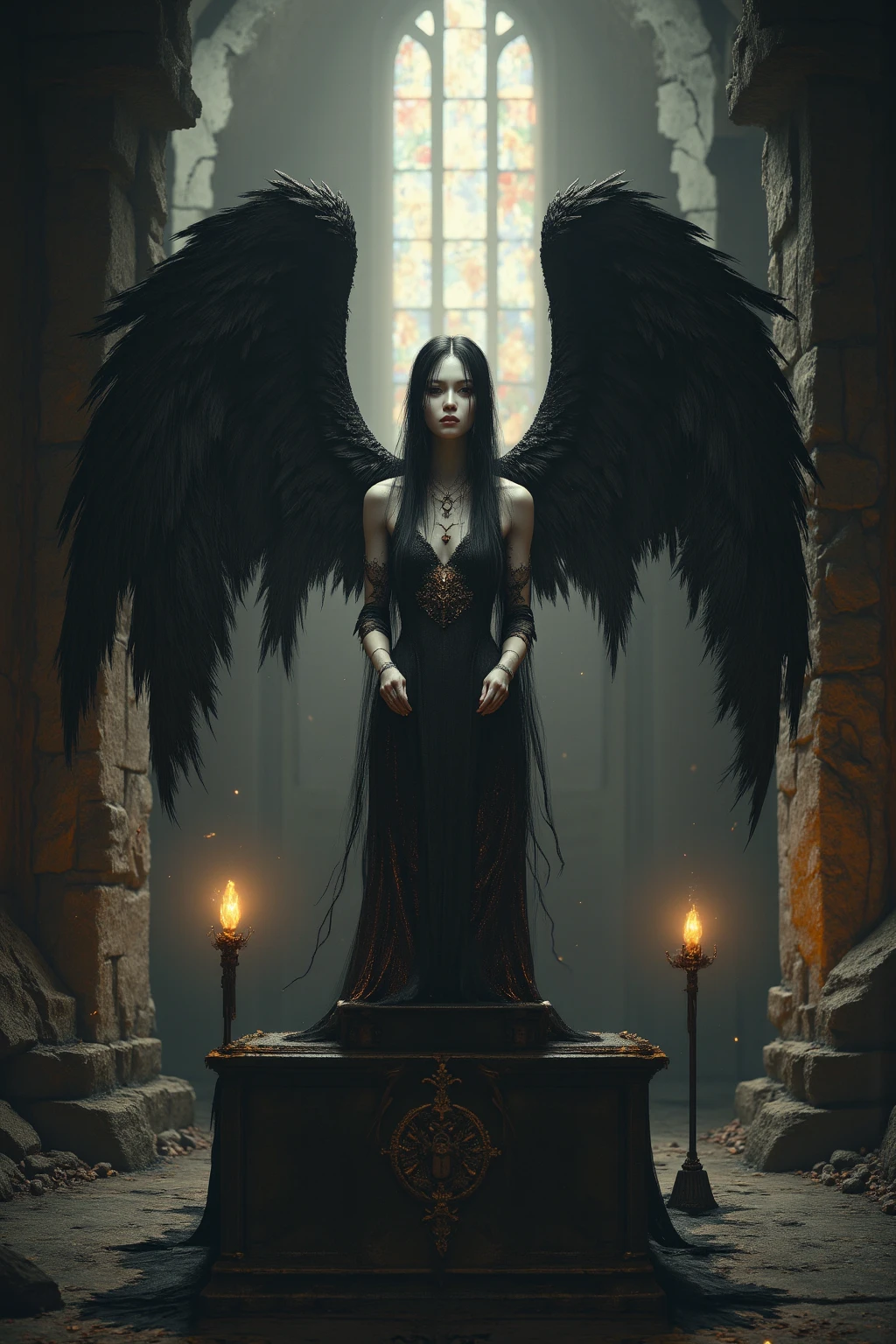 arafed angel standing in front of a large black statue, the angel of death, angel with black wings, villainess has black angel wings, dark angel, the angel of death with a halo, angel of death, portrait of the death angel, portrait of the angel of death, raven angel wings, black angel wings, raven winged female vampire, tall female angel