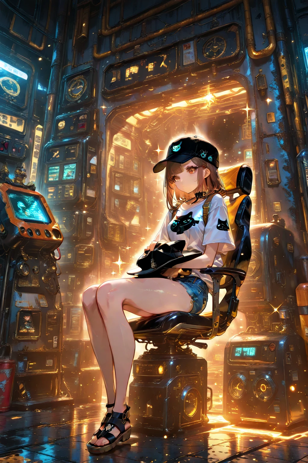 a full body extreme long distance shot 20000 meters away from cyber robot military girl with dark brown hair with light brown to sky blue highlights, camera looking up at her face from ground level, of a cyber robot military girl standing on the flight deck of a distant future fallen dusty gritty dystopian utopian city, wearing war worn dirty white gray and orange fighting suit, soring skyscrapers vast distances few people and vehicles scattered around pink orange evening sunset sky view 24k resolution hyperdetailed photorealistic