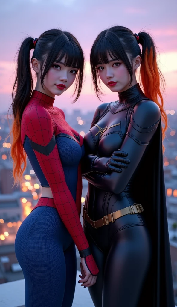 { - anatomy error} (Masterpiece - Ultra-detailed, very high resolution) best qualtiy,outdoors, GameCG,1girll,tmasterpiece,best qualtiy,8K,detailed skin textures,Detailed cloth texture,beautifull detailed face,Complicated details,the ultra-detailed,korean girl, ( korean face),spiderman uniform,long black hair,(A full body:1.2),cleavage