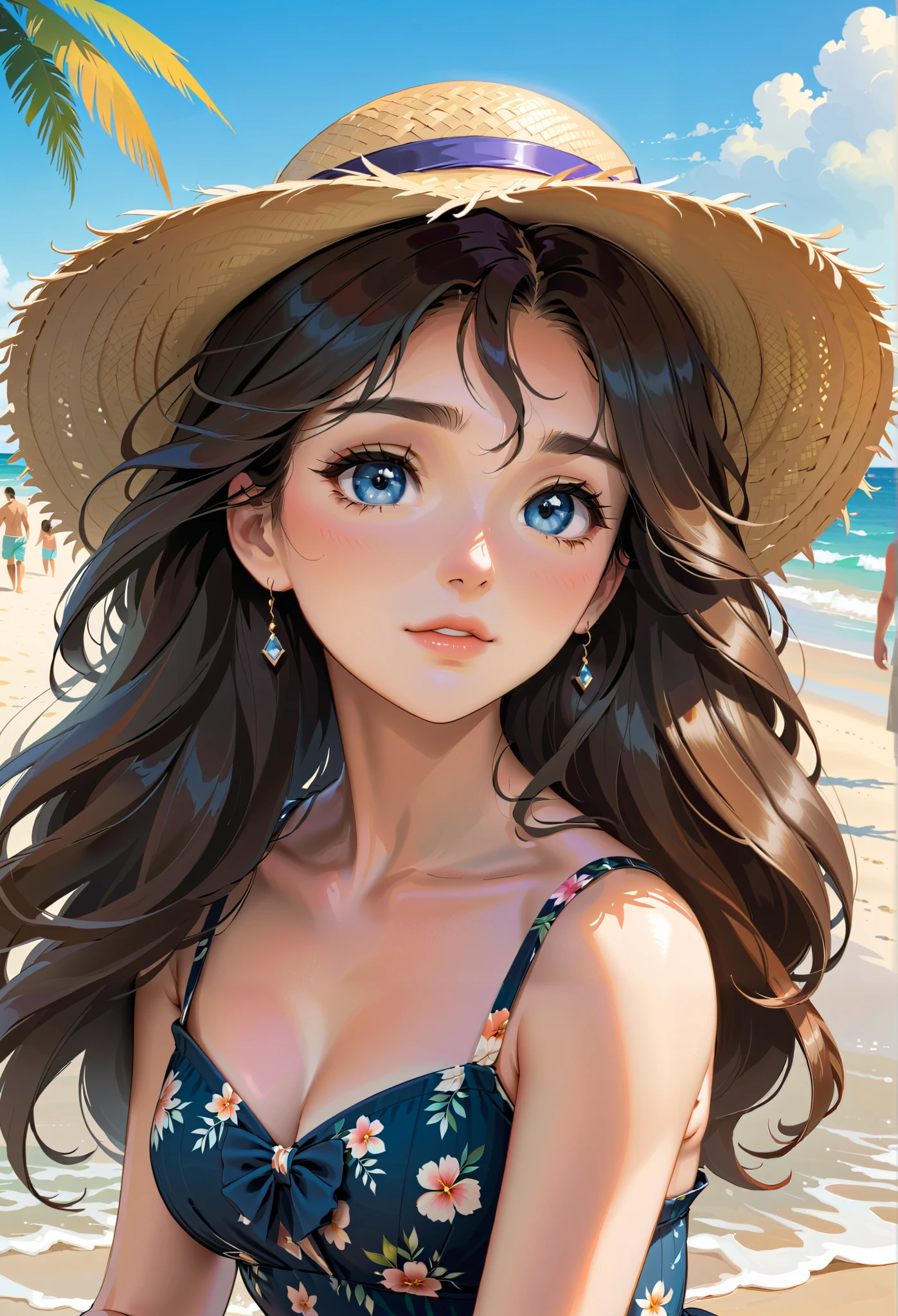 Extremely beautiful woman wearing a floral summer dress and a straw hat at the beach, perfect face, perfect eyes, perfect light, glamorous, gorgeous, delicate, romantic, Harrison Fisher