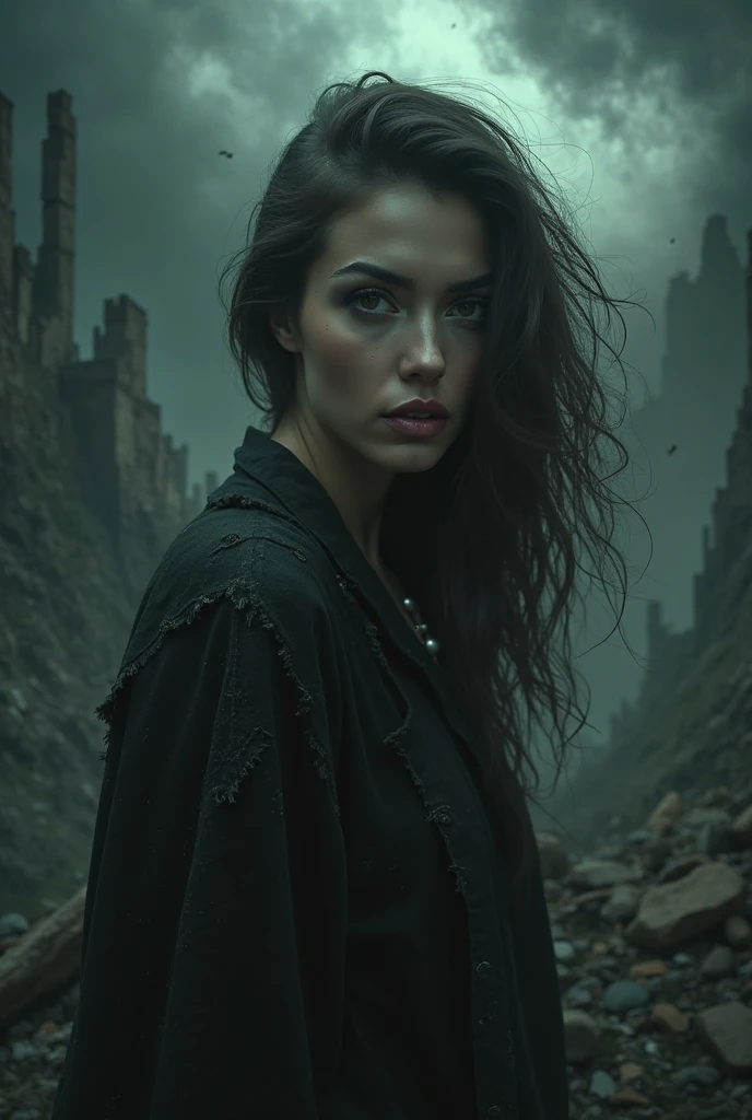 A surreal and captivating portrait of a woman painted in the style of Polish artist Zdzisław Beksiński. The subject features an elongated face with sharp, angular features and a striking, intense gaze. Her hair is styled in a dramatic, almost otherworldly fashion. The background is a chaotic, desolate landscape filled with jagged, geometric shapes and a dark, brooding atmosphere. The overall effect is a haunting and thought-provoking piece that showcases Beksiński's unique artistic vision.