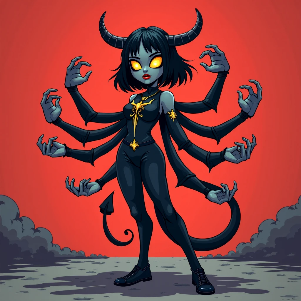 wet woman demon, squatting pose, long shadows on his face eyes that shine yellow, short hair, black claw, nude, sexy pose, black and red patterned background, detail richness, masterpiece, best quality