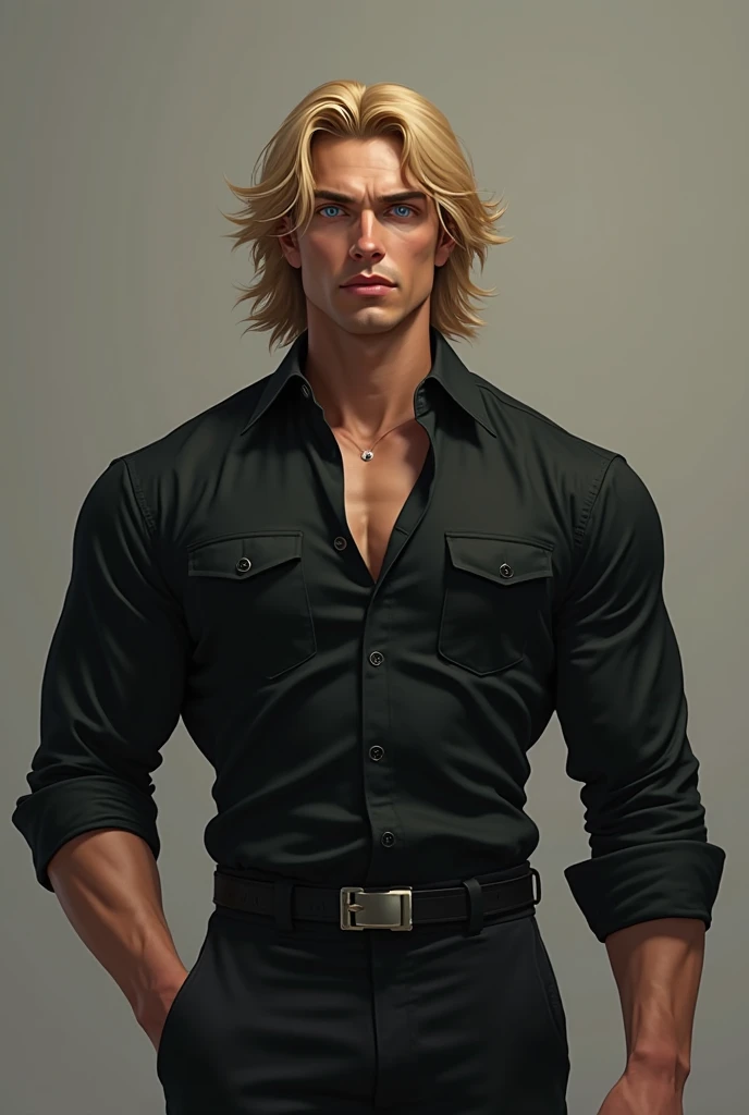 Image of blond man with wavy hair on his shoulders, greeneyes, in a green shirt open to the chest, sultry gaze, 3D style format 4.3