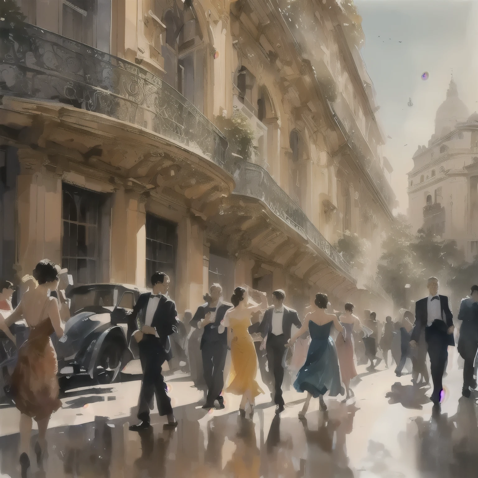 watercolor painting of a group of people walking down a street in a city,expressive watercolor, inspired by Raymond Leech, elegant digital painting , James Gurney painting style, by Raymond Leech, Nick Alm, digital art of an elegant, by Roman Bezpalkiv, a beautiful artistic illustration, By Ludwik Konarzewski , Concept art with an impressive atmosphere