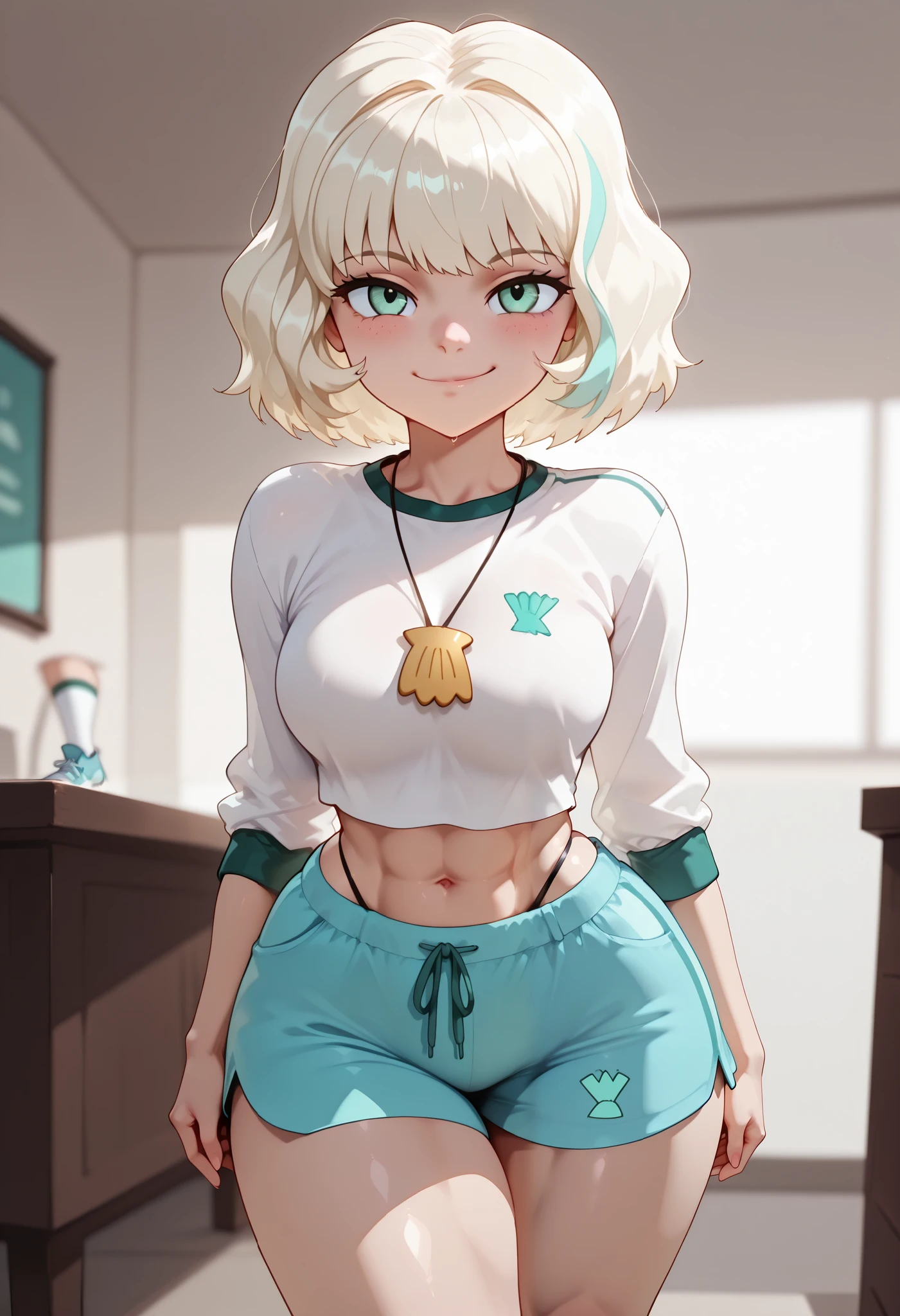 (((Best Quality, 8K, Masterpiece: 1.3)), Full Body, Focus Clear: 1.2, Outstanding Beauty: 1.4, Slender Abs: 1.2)), ((dynamic angle)), (((wide view))), wide-angle lens, extremely detailed, CG, 8k Amazing, finely detail)), (intricate details, depth of field), 8k UHD, ((amazing quality,very aesthetic,absurdres,best quality,newest, masterpiece, ultra detailed, best quality, beautiful face, perfect , anatomically correct, athletic  body)), Expressiveh, (cute face, cute body))), ((((((jackiel, blonde hair, 1girl, green eyes, solo, multicolored hair, short hair, shirt, shell necklace, bangs, long sleeves, blue shorts, tight shorts, highleg , smile, socks,sneakers))))),((medium , slim  body, curvy ,  pose, ,  face, blush)))), (((looking at viewer, happy smile, joy, cowboy shot, dynamic pose)))), curvy, toned, athletic, ((profile view:1.3)), ((wide , upper shot body, ((crossed legs:1.2)), looking at viewer)), (((( pose,  pose, cowboy pose, hourglass figure)))), ((precise face and eyes:1)),
