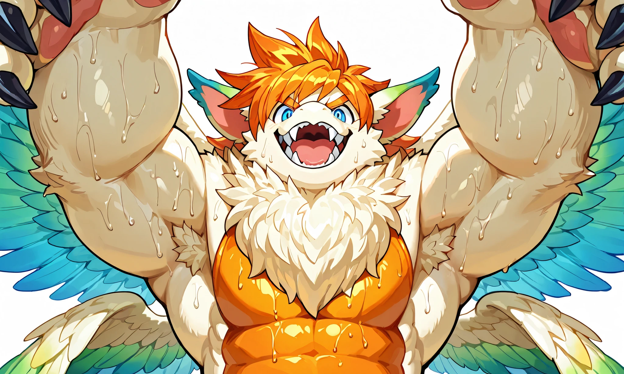 giant feral flammie_mana, solo, furred dragon, neck fur, orange hair, blue eye, orange underbelly, feathered Wings, color tipped wings, four wings, heavy weight giant bulky, thick arms, large claws, big armpit, evil grin, large fangs, open mouth, furred armpit, showing armpit, sweaty, smelly, looking at viewer, focused on armpit, POV, white background