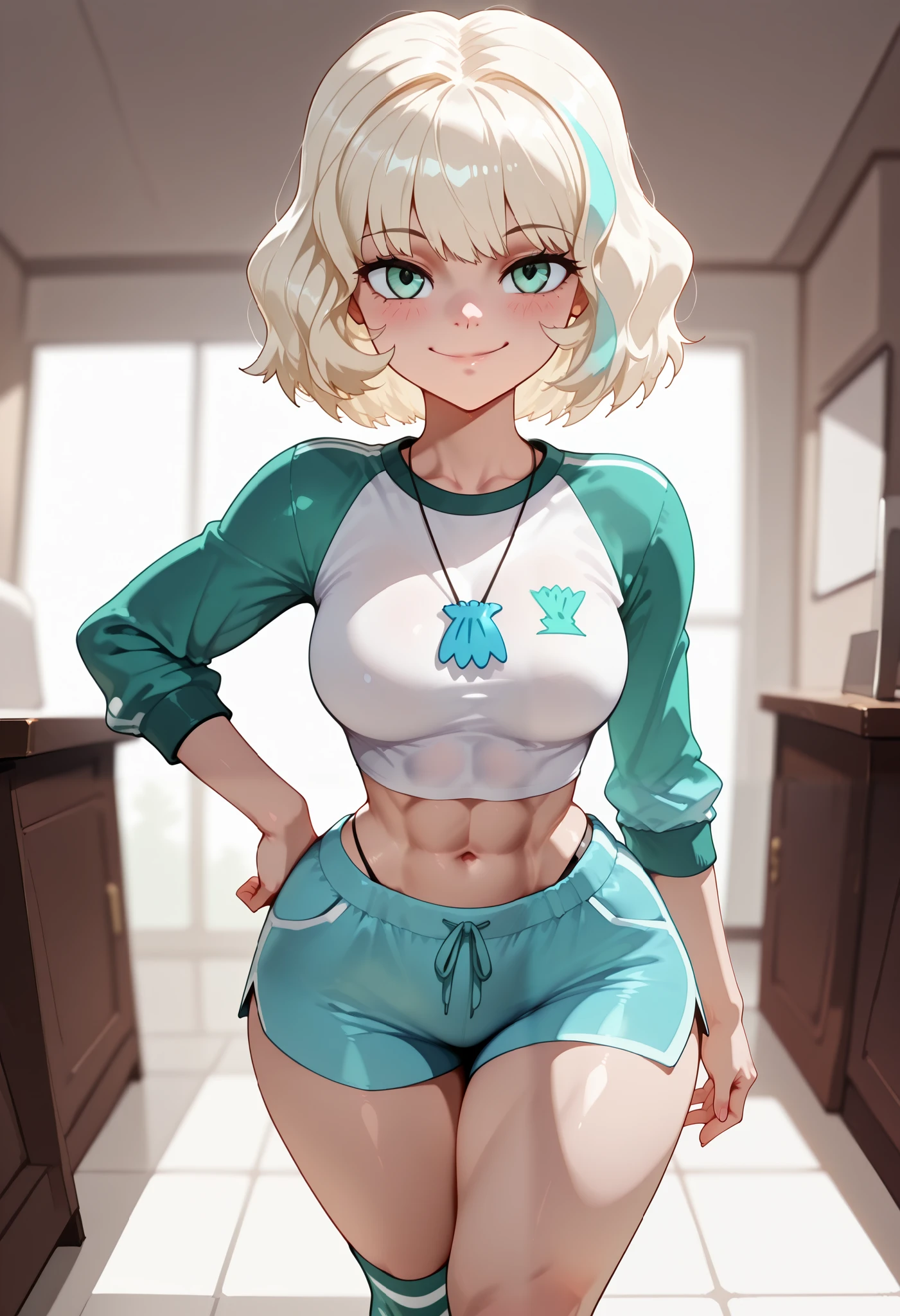 (((Best Quality, 8K, Masterpiece: 1.3)), Full Body, Focus Clear: 1.2, Outstanding Beauty: 1.4, Slender Abs: 1.2)), ((dynamic angle)), (((wide view))), wide-angle lens, extremely detailed, CG, 8k Amazing, finely detail)), (intricate details, depth of field), 8k UHD, ((amazing quality,very aesthetic,absurdres,best quality,newest, masterpiece, ultra detailed, best quality, beautiful face, perfect anatomy, anatomically correct, athletic sexy body)), Expressiveh, (cute face, cute body))), ((((((jackiel, blonde hair, 1girl, green eyes, solo, multicolored hair, short hair, shirt, shell necklace, bangs, long sleeves, blue shorts, tight shorts, highleg thong, smile, socks,sneakers))))),((medium breasts, slim sexy body, curvy hips, seductive pose, flirting, naughty face, blush)))), (((looking at viewer, happy smile, joy, cowboy shot, dynamic pose)))), curvy, toned, athletic, ((side-view:1.3)), ((wide hips, upper shot body, ((crossed legs:1.2)), looking at viewer)), ((((seductive pose, sexy pose, cowboy pose, hourglass figure)))), ((precise face and eyes:1)), (( masterpiece, back view, anime screencap, hourglass body,wide hips, narrow waist, thick legs, standing, bend over, spreding legs, hand on own hip, looking at viewer, masterpiece,best quality,amazing quality)))