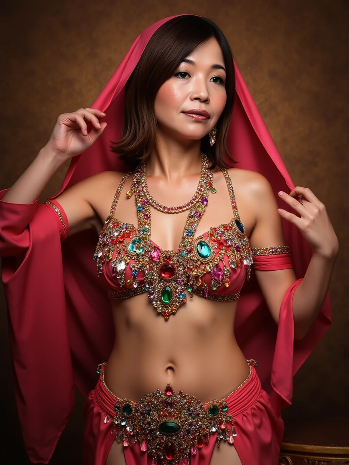Craft an image of a Viking queen of Asian descent, 45 years old Woman, extremely gorgeous, that not only showcases the regal nature of the Queen but also tells a story. Illustrate her in a moment of contemplation or action, capturing her inner turmoil or determination. Explore the duality of her character by contrasting her divine grace with the weight of her ruling ambition, big breasts, Big muscles, nude, head to knees,