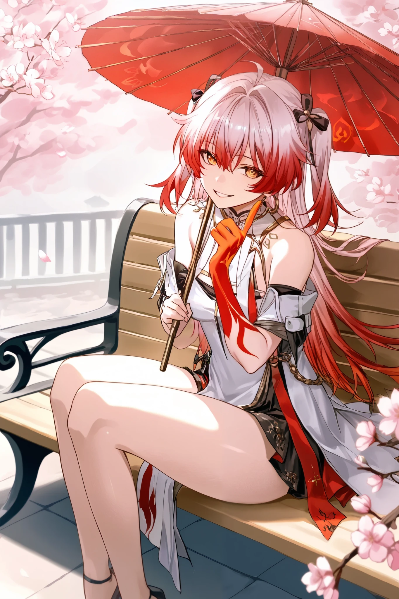 dusty_\(wuthering_waves\),high image quality,Detailed picture,red hair,The tips of the hair are white,gradation hair,Umbrella,viewers,big thighs,red flame tattoo on one hand,cherry blossoms,Sit on the bench,