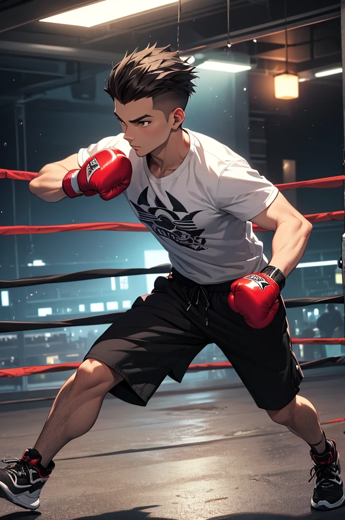 shirtless handsome manly short black hair caucasian male mma fighter, mma gloves, mma shorts, sweat-drenched, soaking wet, drenched with sweat, sweating profusely, winner, inside the ring
