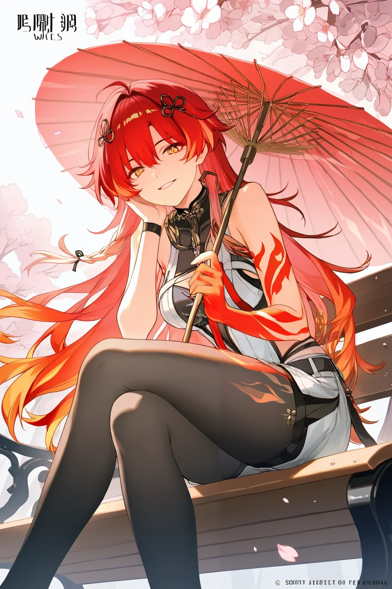 dusty_\(wuthering_waves\),high image quality,Detailed picture,red hair,The tips of the hair are white,gradation hair,Umbrella,viewers,big thighs,red flame tattoo on one hand,cherry blossoms,Sit on the bench,