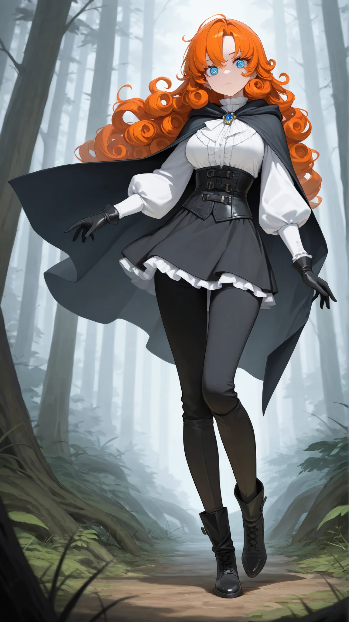 absurdres, (((HD))), (((Ultra High Quality))), ((hyper detailed)), ((detailed eyes)), (((8K))), ((perfect face)), ((masterpiece)), 1girl, expressionless, long hair, lightly curly hair, blue eyes, orange hair, medium breasts, white blouse, small cloak, jewelry, frills, black corset, long black skirt, puffy sleeves, black leather gloves, black pant, boots, forest background