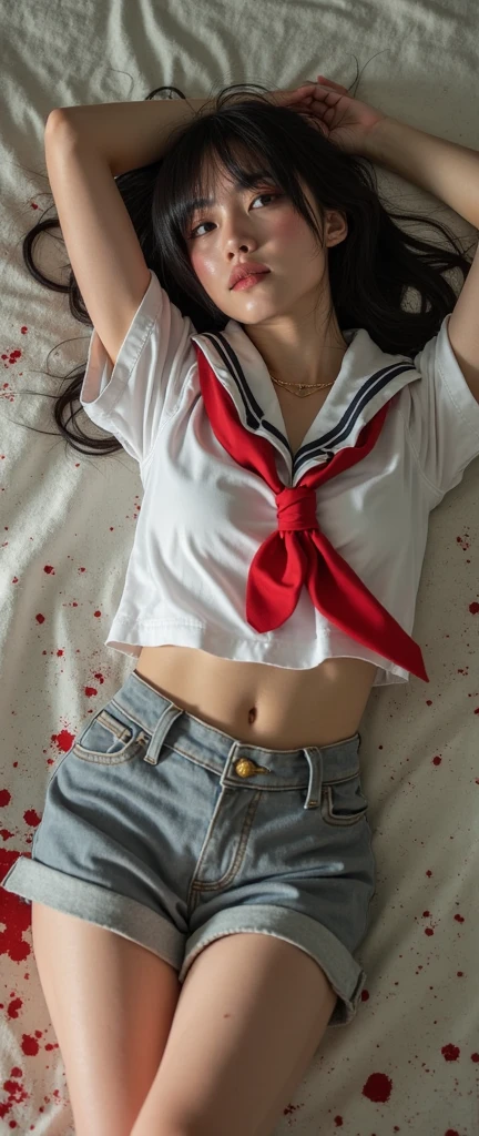 A girl in school uniform with abdominal muscles was beaten violently,Abs are pronounced,Abdominal muscle injury and bleeding,covered in wounds,covered in blood,Expression of pain