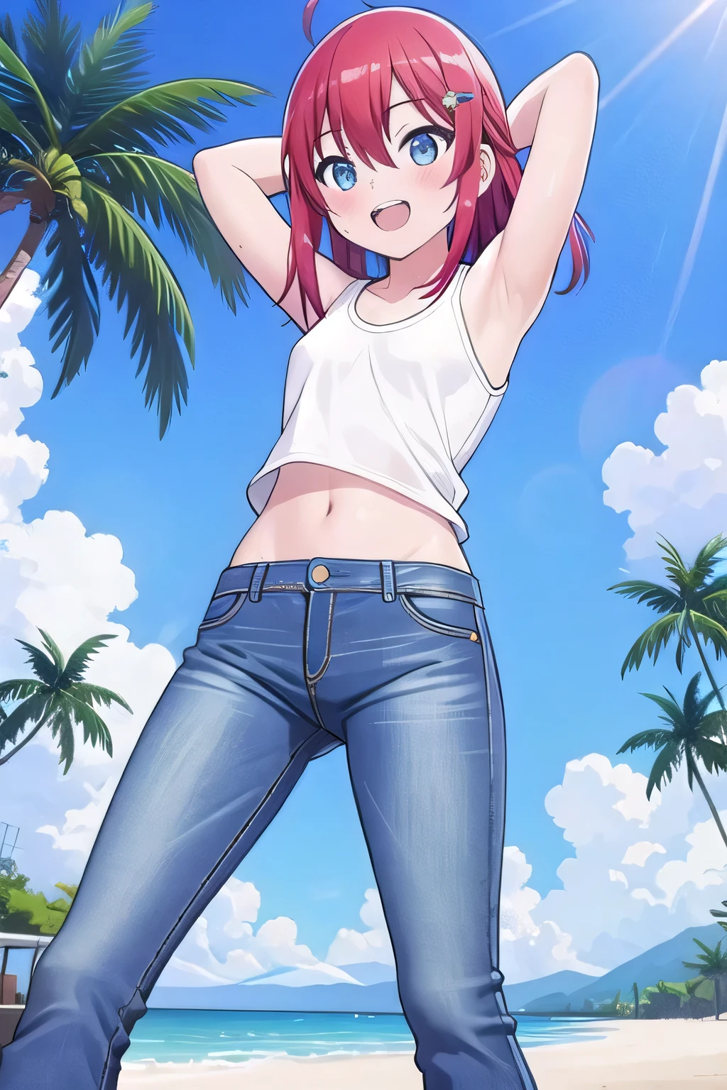 masterpiece, best quality, ultra detail, ((Perfect Face, perfect eyes, perfect hair, perfect arm)), 1girl, , peti ((round face, ecstasy, orgasm face, drooping eyes, shame smiling, blush)), dropping eyes, sleepy, Open mouth, ((White teeth)), background((under the beach, (day:1.2), palm tree, bright sky)), miku hatsune, ahoge, aqua eyes, (red hair:1.4), crossed bangs, hair between eyes, hair ornament, (medium hair:1.4), (straight hair:1.7), ((arms behind head, hands behind head, fingers behind head)), ((contrapposto)), spread armpits, looking at viewer,, (white tank top:1.2), (white crop top:1.2), (jeans pants:1.2, flares jeans:1.2, skinny jeans:1.2, blue jeans:1.2), standing, (legs spread:1.4), sex pose, Sweaty crotch, Steam from the crotch, from below, whole body