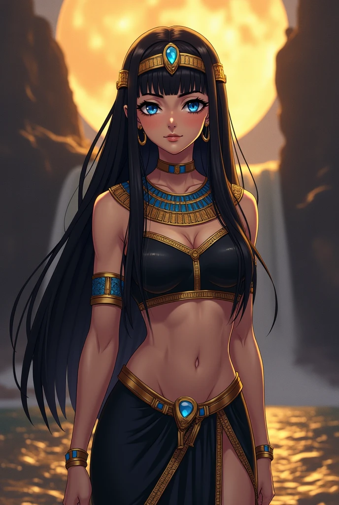 A woman with straight black hair with a straight fringe of gold wrapped around the hair and a gold headband with blue diamond , light blue eyes droopy and almost closed with a look of superiority and dark lashes highlighted with a blue outline , a wide semicircular gold necklace with blue diamonds covering the neck and shoulders , wearing Egyptian clothing with a black upper part covering her breasts with gold details with a transparent golden veil on top , black skirt with gold details open on the sides with a long half in the shape of a circle , large gold hoop earrings , big ass , thick thigh , medium boobs , thin waist , wide hip , anime art , evening background on a waterfall with golden waters , black sand slightly yellowish full moon