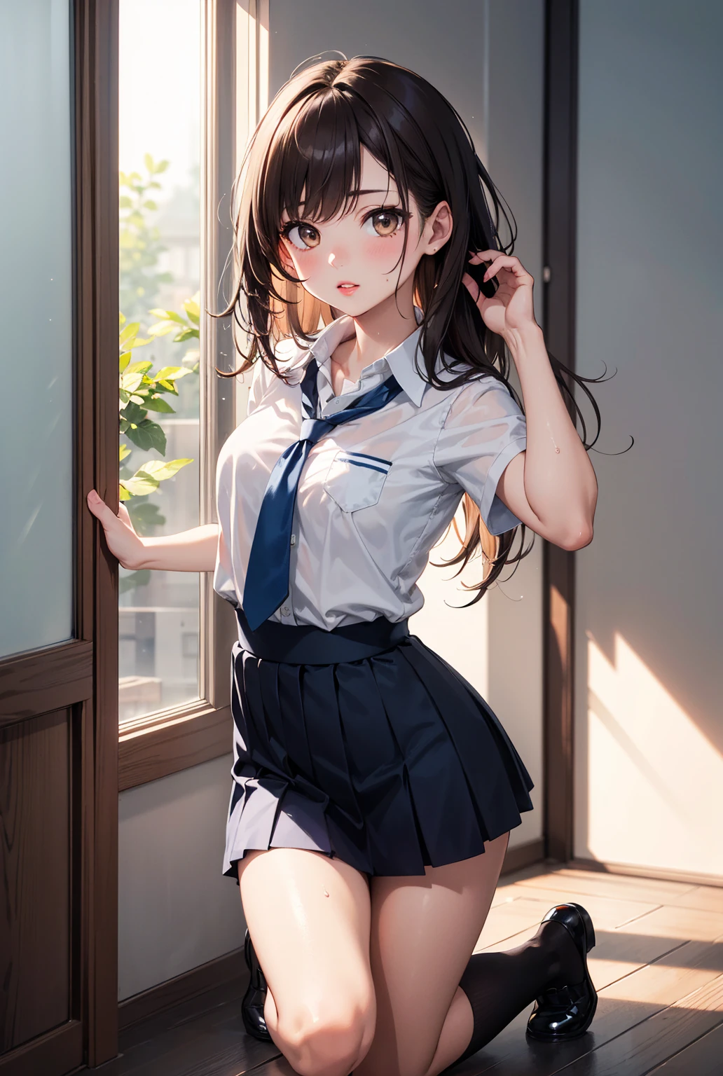 very cute and beautiful girl,(Very detailed美しい顔), (smile),blush,Black Hair,Seraphim,(Pleated navy blue mini skirt),Are standing,(From below),(Lacy white panties), Wooden classroom,window,Distant Tree々and the city, (Highest quality,masterpiece:1.0),Absurd,High resolution,Super detailed,Very detailed,32k,8K resolution, Intricate details,Movie Scenes,Detailed Background,alone,Dynamic Angle,