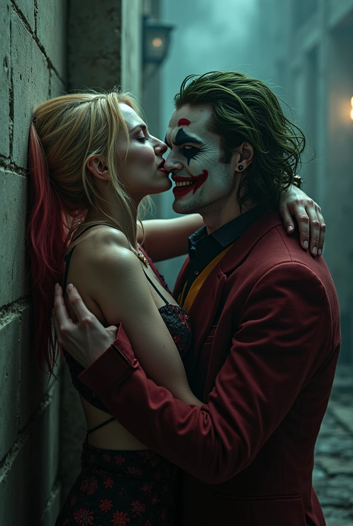 8k cinematic image of the Joker hugging Harley Quinn naked from behind, pulling her hair and kissing her.