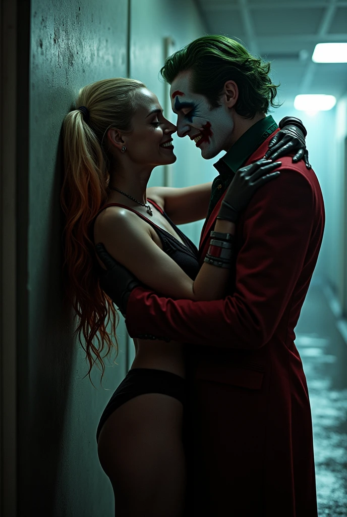 8k cinematic image of the Joker hugging Harley Quinn naked from behind, pulling her hair and kissing her.