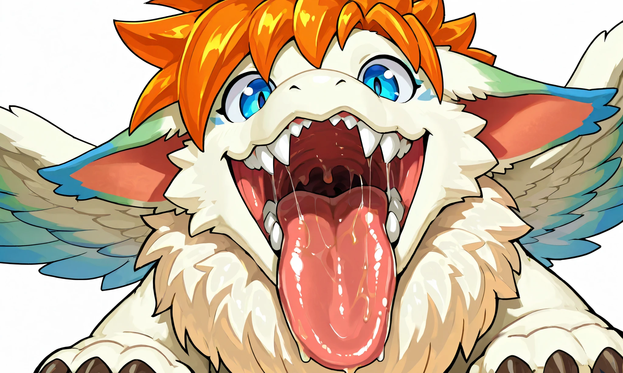 giant feral flammie_mana, solo, furred dragon, neck fur, orange hair, white neck fur, blue eye, large fangs, thick tongue, open big mouth, showing deep throat, inner of mouth, vore, mawshot, salvia trail, saliva puddle, smelly, looking at viewer, focused on deep throat, POV, white background