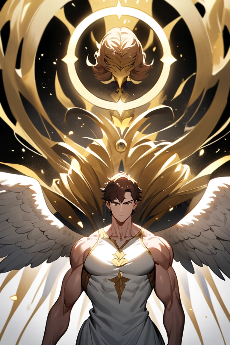 masterpiece, best quality, realistic, 1man, mature male, skinny muscular body, broad shoulders, handsome, thick eyebrows, angular jaw, extremely detailed eyes, tilting head, relaxed lips, big arms, perfect face, handsome, long_sleeves, open chest, looking_at_viewer, radiant_light_rays, ruins, red_sky, glow_gold_particles, radiant_light_rays, glow_gold_particles, realistic