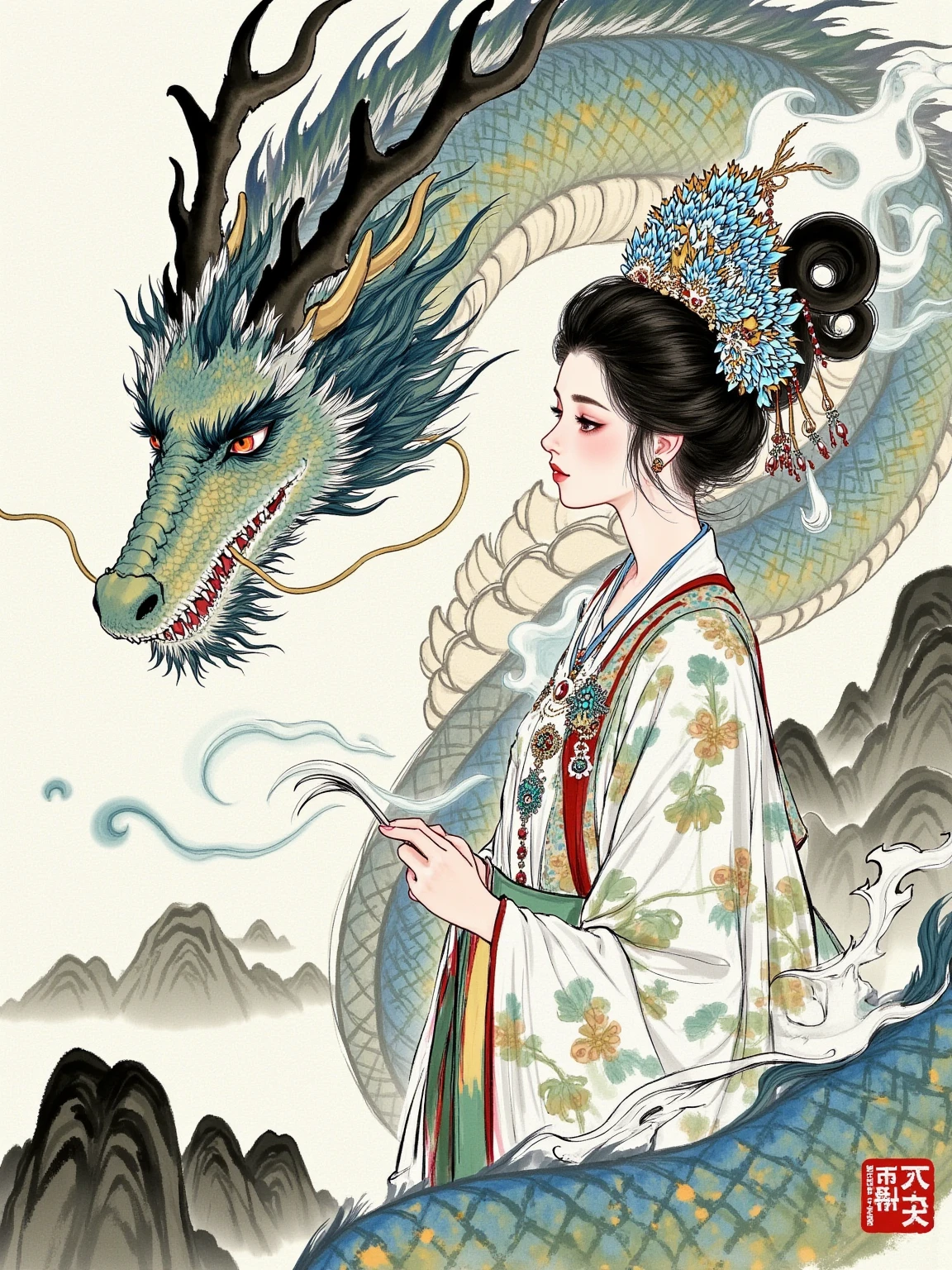kimonoを着たとても綺麗なJapanese womenが大きなBlue-green dragonに乗って飛んでいる　Watercolor　Ink illustration　spiritual　Japanese Dragon　Blue-green dragon　kimono　Japanese women　Chen　Chen年　