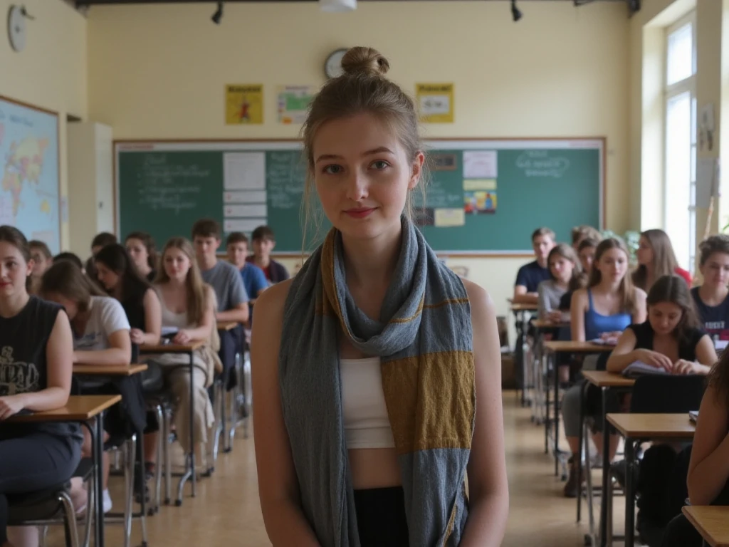 An 18-year-old girl with green eyes and a beautiful smile in an empty classroom wearing black leggings and an Adidas hoodie