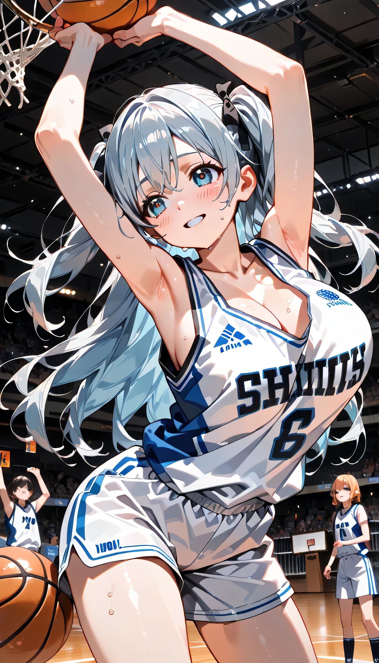 ((ultra-detailed)), (highly detailed CG illustration), (best quality:1.2), ultra-highly detailed, colorful composition, artistic photoshoot, 1girl, solo focus, ((thigh to top:1.4)), ((cowboy shot:1.4)), moe anime character, age girl, dainty facial structure, (baby face), (round face), ((rounded chin:1.2)), ((ideal ratio body proportions)), celia-default, celia claire, (blue eyes), sparkle eyes, silver hair color, two side up, (hair ribbon with blue), ample breasts, ((cleavage)), (basketball uniform), ((smile)), ((blush:1.4)), ((sweat:1.4)), ((basketball:1.2)), ((dribble:1.2)), balls, (object), basketball, basketball net, raise your arms, look up, ((from front:1.4)), dynamic pose, contrapposto pose, best quality, expecting, pink cheek, blush, light pink gloss slip, portrait, depth of field, soft lighting, sidelighting, (shine), lighting, caustics, ray tracing, perfect face, lustrous skin, highly detailed face, highly detailed eyes, perfect face, perfect nose, perfect hair, perfect eyes, perfect anatomy, beautiful hair, beautiful small face, extremely detailed face, beautiful detailed eyes, beautiful clavicle, beautiful body, beautiful huge breasts, leavage, breasts squeezed together, equalize the size of the left and right breasts, beautiful thin thighs, beautiful legs, beautiful fingers, ((4 fingers)), 1 thumb, lovely, (very detailed background:1.0), (highly detailed background:1.0), summer aesthetic, intricate details, shy atmosphere, summer colors palette, chromatic aberration