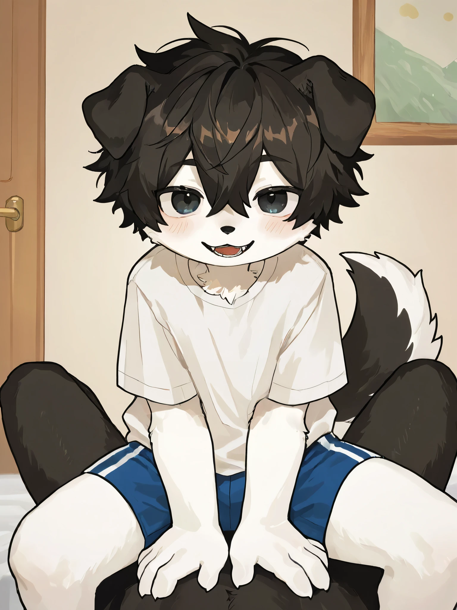  source_ furry, hadrian , furry male， elementary school students，((boy   )),  Dog boy  ，short hair,masterpiece, newest,absurdres, incredibly absurdres, messy hair, cute anthro, Alone， black fur， white body ，white shirt， A boy  knelt beside the boy , grabbing another's thigh,  shorts， spread legs， charming posture ， sitting on my body，seductive laugh， indoors，Charming expression, to milkytiger1145 , author： k0bit0wani ,( cute),boy     