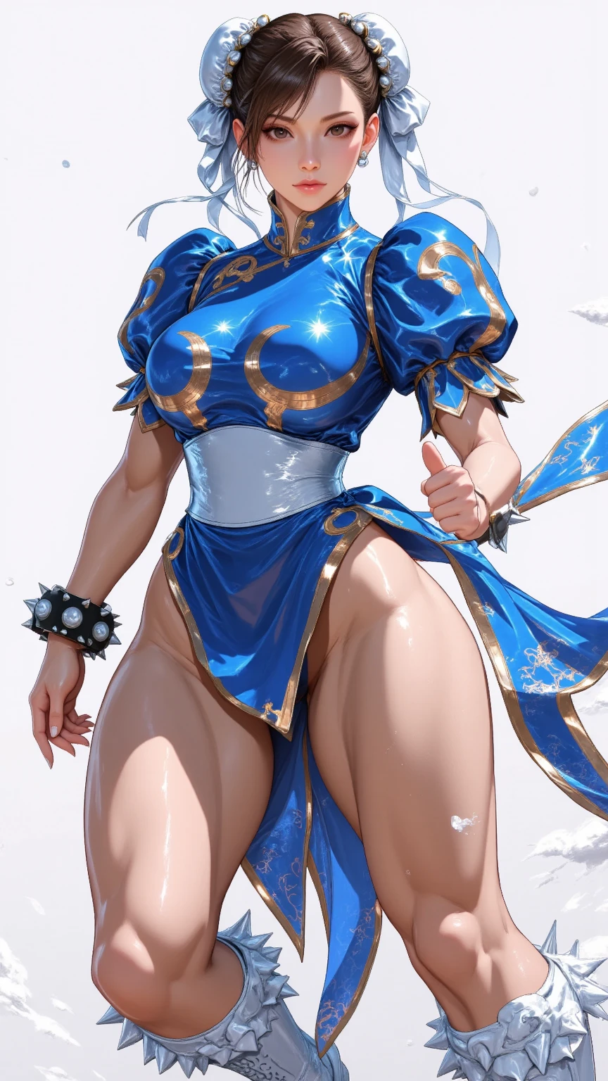(masterpiece, best quality, realistically, Work, super detailed, 8k), chun-li,Beautiful young woman in blue dress,Smile,white boots,Exquisite facial features,tie hair, black leggings,Blue clothes, blue skirt, ,front standing posture ,facing the audience,full body portrait,gray background