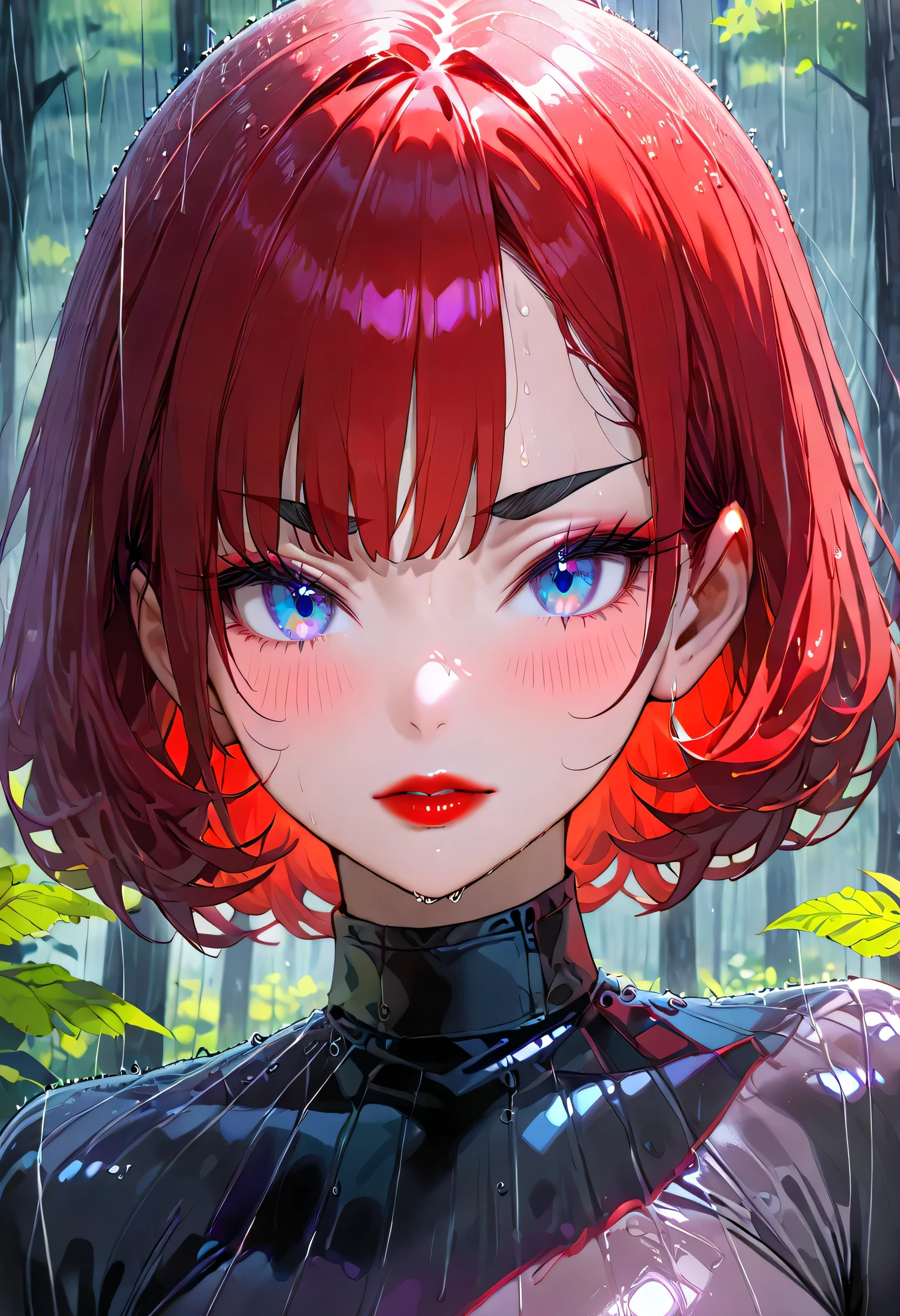 (Perfect Face, Short Cut Smooth Hair, Bright Red Hair, Black Thin Eyebrows, Blue Eyes, Purple Eyeshadows, Black Eyeliners, Blushing, Bright Red Thick Lips, Beautiful Woman) Forest, Cloud, Rain