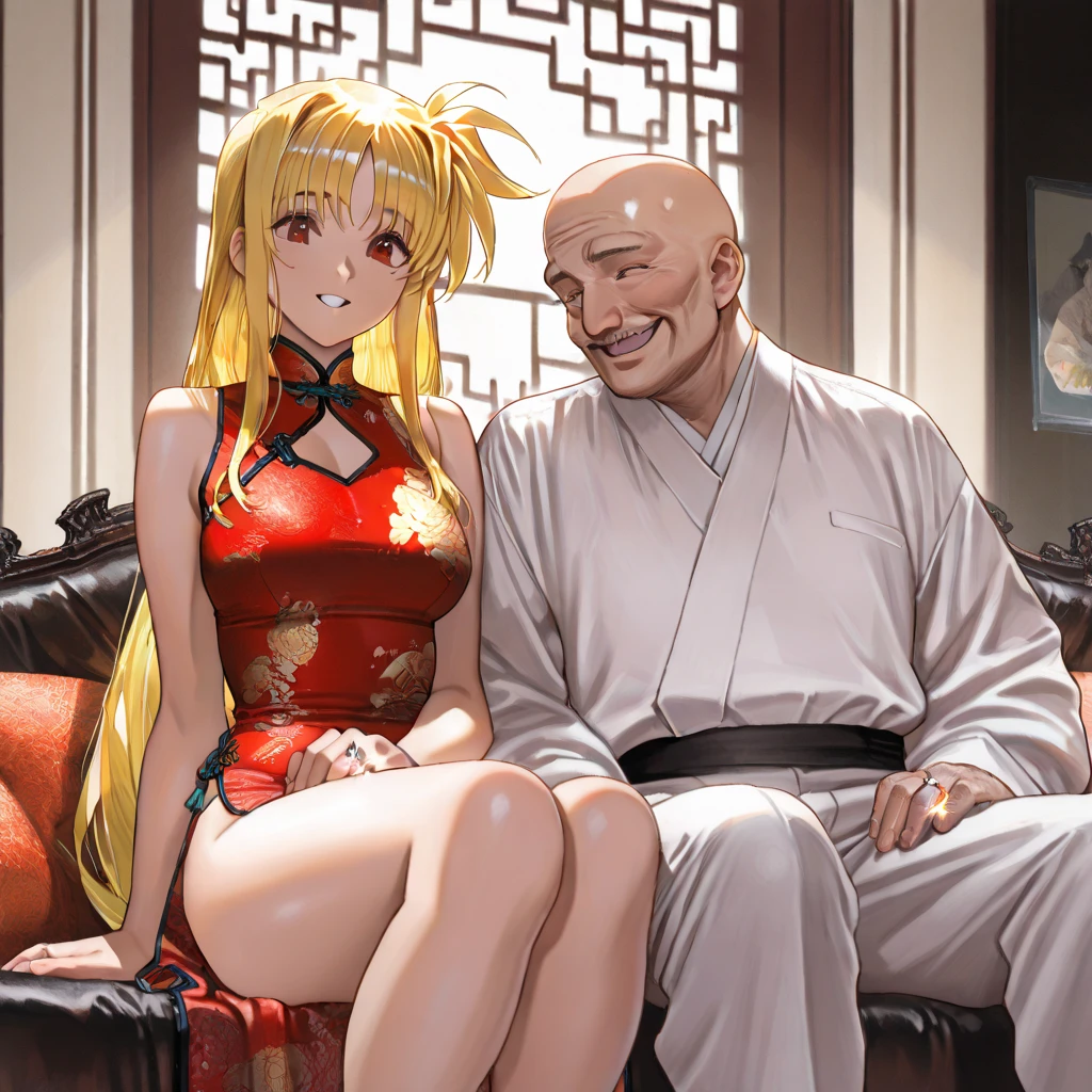 1girl, 1boy,masterpiece , best quality,highres, 4k, Marin kitagawa and gojo Watanabe character with a huge breasts in a dress and man in a suit,long fluffy voluptuous hair,makeup,fashionable,necklace,jewelry,smiling,happiness radiant,sitting by table, restaurant,romantic couple