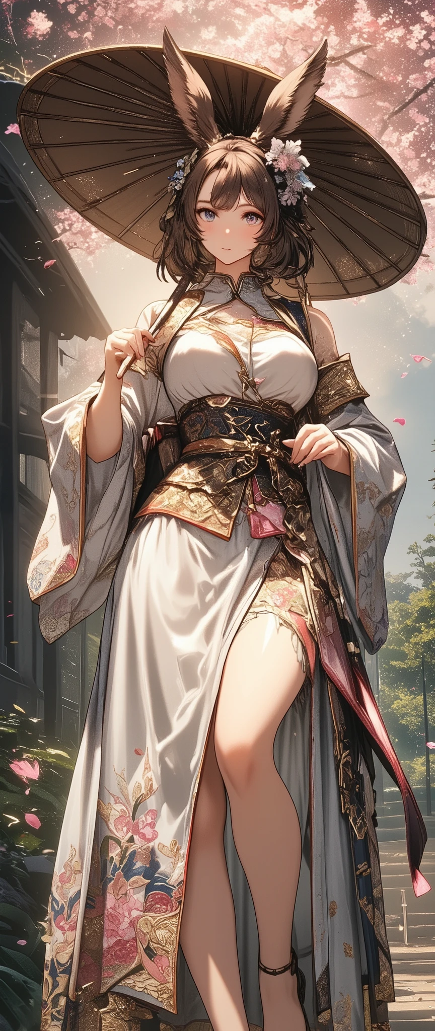 a solo sexy Viera Woman holding a Japanese umbrella , Nishijin Textile Kimono  , Japanese painting style, beautiful anime style portrait, Extra ,  detailed portraits of anime girls  ,  Beautiful Anime Portrait ,  beautiful anime women , digital Animation illustration,  Anime Style Portrait  ,  Additional Art ,realistic, (Beautiful Anime Girl Showing Naked Skin, large breasts, huge breasts, big breasts, uplifted breasts, well-defined breasts, Busty、deep cleavage)、anime style digital art , Animation illustration, ,  Navy Blue Kimono , Background is Sakura Fubuki 