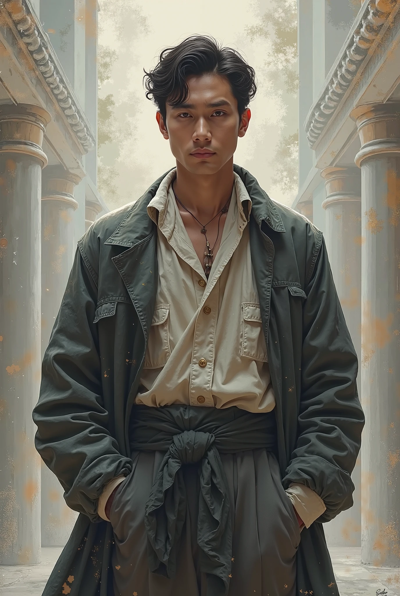 Arafed man in a trench coat standing in a hallway - SeaArt AI