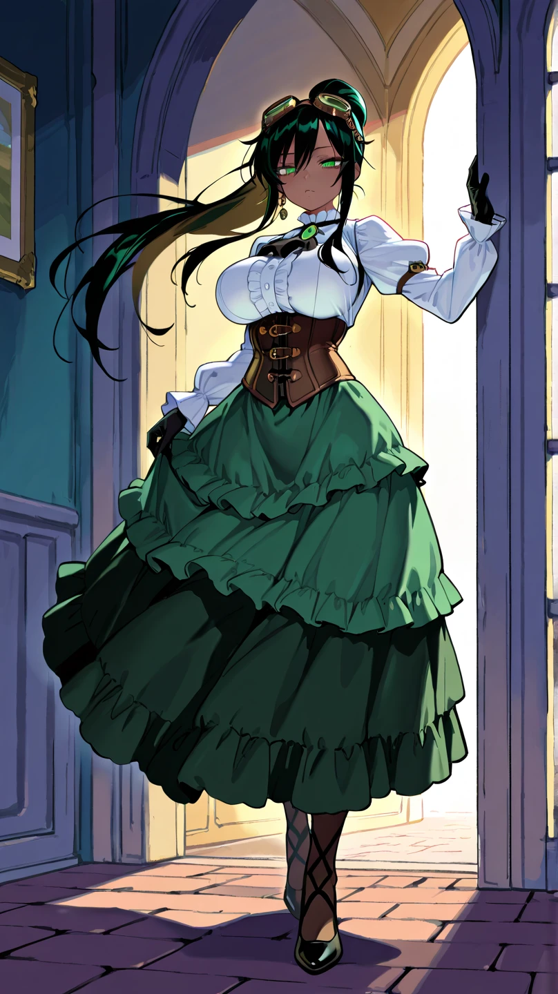 best quality,4k,8k,highres,masterpiece:1.2),ultra-detailed, extremely detailed eyes, extremely detailed body, (large masterpiece digital art), (detailed manga illustration), (detailed line art), ((perfect anatomy)), (intricate details:1.3), (ultra-detailed:1.3), (illustration:1.3), (sharp focus:1.3), (natural lighting:1.05), (vivid colors:1.3), (masterpiece), (best quality:1.4), (perfect anatomy:1.4), high quality, expressive eyes, full body, detailed face, beautiful face, perfect face, {1 woman}, elegant clothing, {long black hair}, {{dark skin}}, detailed ((emerald green eyes)), slender but toned physique, large breasts, dynamic lighting, 4k resolution, dynamic pose, confident expression, detailed steampunk-style attire, form-fitting corset, layered skirt, gloves, intricate accessories, steampunk goggles, subtle glow, slight wind effect, background of foggy Victorian streets, mysterious atmosphere, Atey Ghailan, Jeremy Mann, Greg Manchess, Antonio Moro, trend in ArtStation, trend in CGSociety, Intricate, High Detail, Sharp focus, dramatic art by Midjourney and Greg Rutkowski, Marvel Comic style