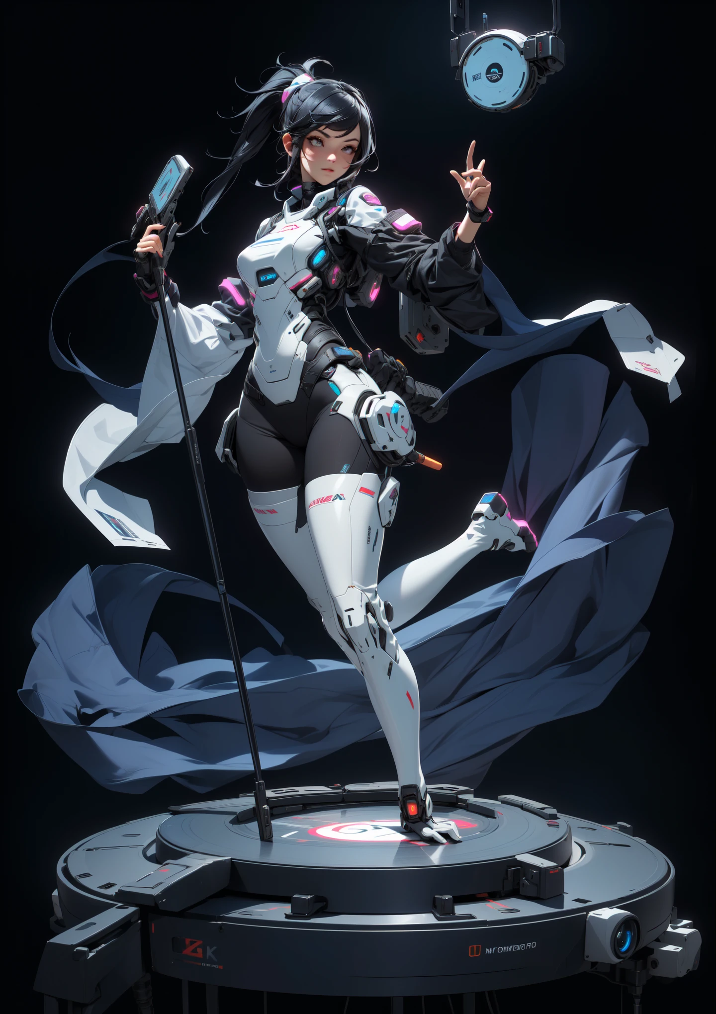 beautiful woman, Perfect face, (( tights)), She is a DJ , standing on stage , , a technological disc player in front, At the front is a workbench, Electronic keyboard, cyberpunk, best texture , Real lighting , cinematic rendering, (Highest Quality,4K, 8,000,High Resolution, masterpiece:1.2), (Carefully designed, high detail, masterpiece, best quality, ultra-high definition)