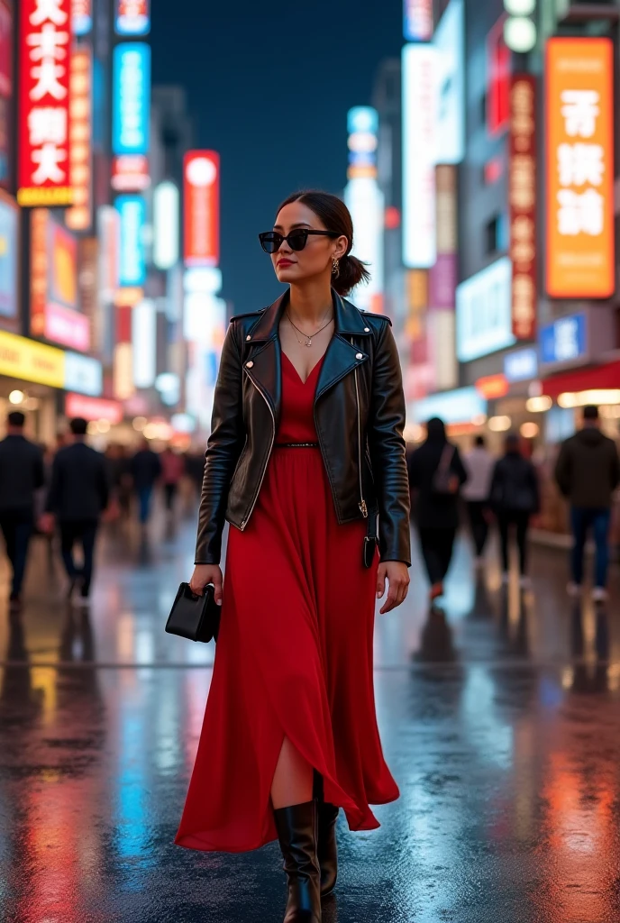 A stylish woman walks down a Tokyo street filled with warm glowing neon and animated city signage. She wears a black leather jacket, a long red dress, and black boots, and carries a black purse. She wears sunglasses and red lipstick. She walks confidently and casually. The street is damp and reflective, creating a mirror effect of the colorful lights. Many pedestrians walk about, photorealistic, Natural skin texture, realistic skin, soft shadows, natural complexion, natural pores, light blush, matte skin, natural lighting
